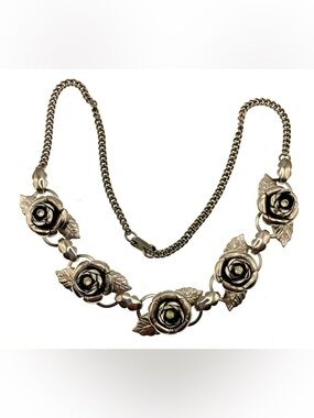 Vintage 1960s Silver Tone Rose Rhinestone Necklace Floral Statement Mid Century